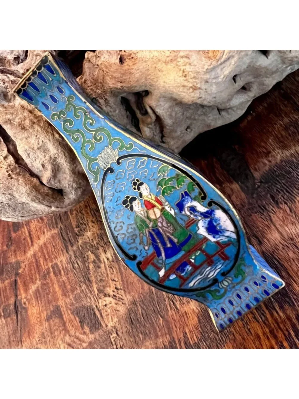 Antique Mini Chinese Cloisonné Vase With Hand-Painted Scenic Motifs & Blue Enam